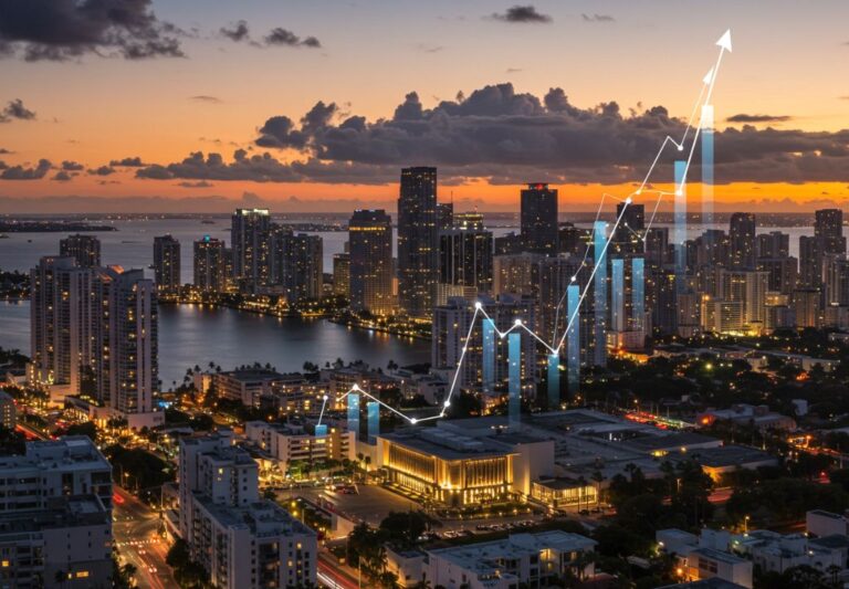 this is a skyline photo at sunset with a graphical overlay that is moving upward. this illustrates miami as one of the best u.s. cities for real estate investments