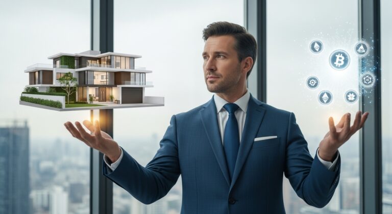 This is an image of a businessman holding up two hands with a modern home in one hand and crypto icons in the other as he is thinking about alternatives to real estate investing.