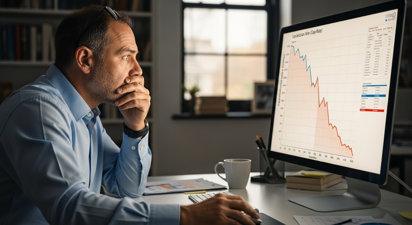 this is an image of a real estate investor sitting at his desk, concerned about a declining graph representing cap rates in his target area. A cup of espresso is on the desk and the investor looks concerned.