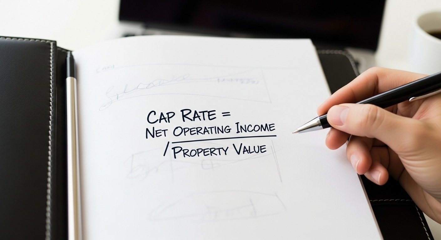 a smart looking agenda is open to a clean white page with an equation showing where cap rates come from.
