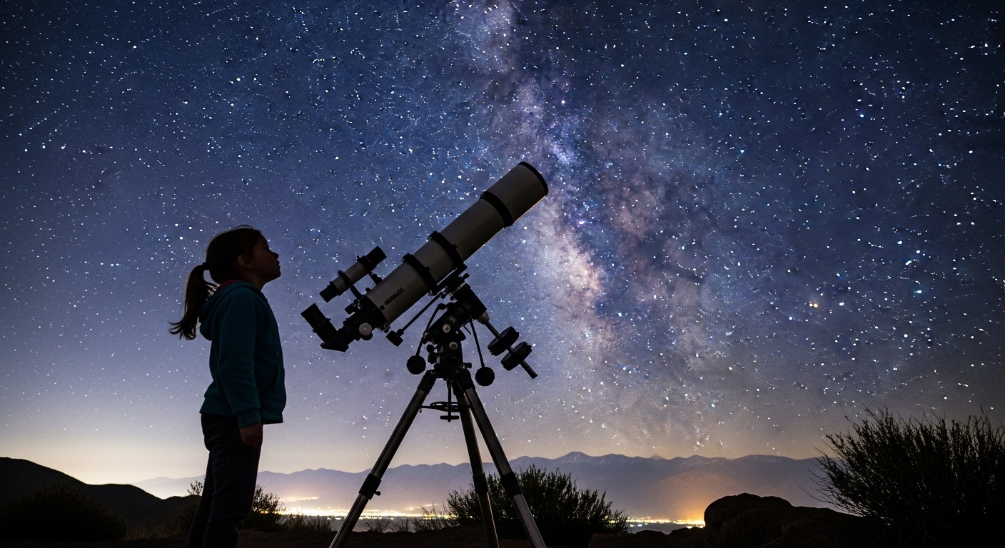 a young girl stands behind her telescope pointed at the night sky. We can see the milky way and an upward glance from the little girl who would eventually become a female real estate developer in Miami.