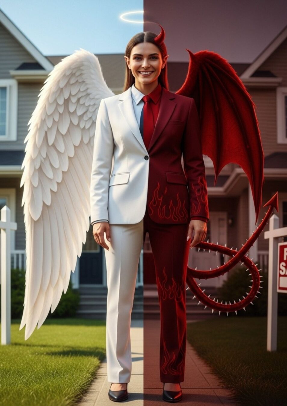 This is an image of a real estate agent with half of the character looking like an angel while the other half looks like the devil. Overall the image is lighthearted and not scary but illustrates the good and bad was to find real estate investment properties