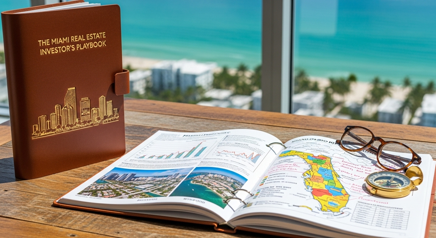 a warm wood desk overlooks miami beach in the background. on the desk is an open agenda with maps and graphs relating to florida. Also on the desk is a leather bound playbook for investing. This image illustrates how to find real estate investment properties in miami