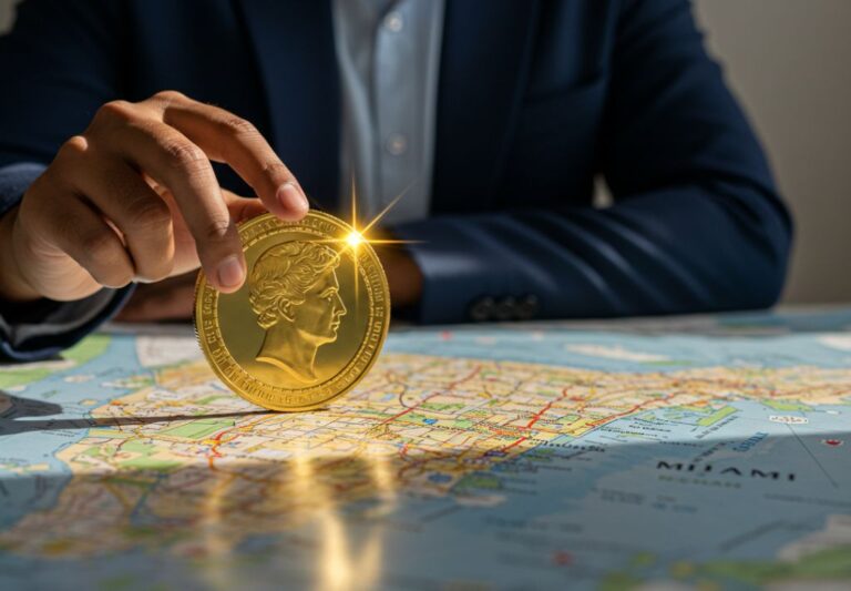 this is an image of a real estate investor holding a large gold coin over a map of Miami. The gold coin sparkles and implies that there is ample opportunity for investment success wehn investing correctly.