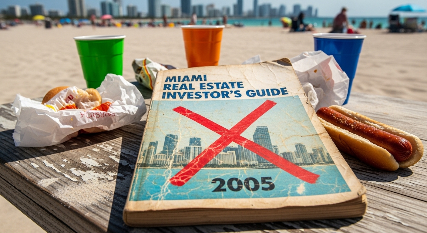 this is an image of an outdated guidebook on how to find real estate investment properties in miami. It has a red x on the cover and is surrounded by rumpled papers and an uneaten hotdog. Miami beach is in the background.