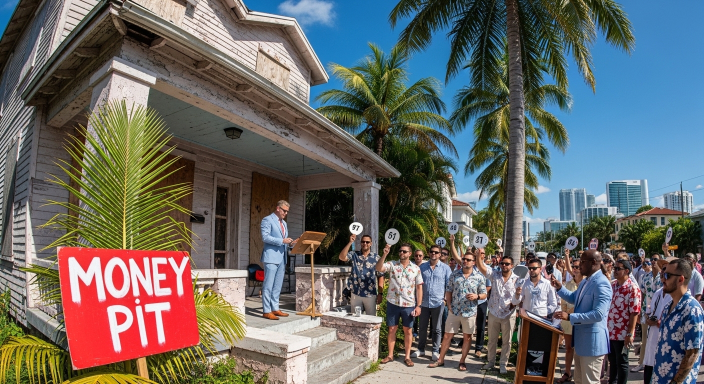 This is an image of a real estate auction, at the shabby address up for sale. Bidders are dressed in Miami style and the auctioneer is running the auction. A big read sign that says "money pit" is in the foreground.