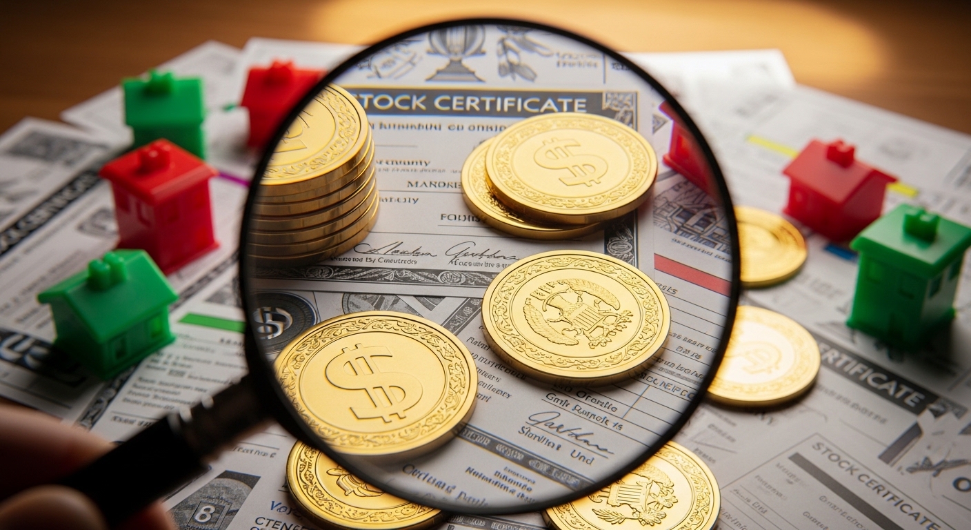 gold coins, stock certificates, and monopoly houses are seen through a magnifying glass. This image stresses the importance of examining investment types including the real estate investment trust.
