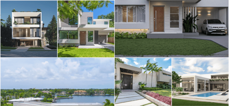 Four modern homes in Miami are arranged in a tableau. Each one exudes modern luxury and hints at a key difference between Real Estate Investing vs. Real Estate Development.