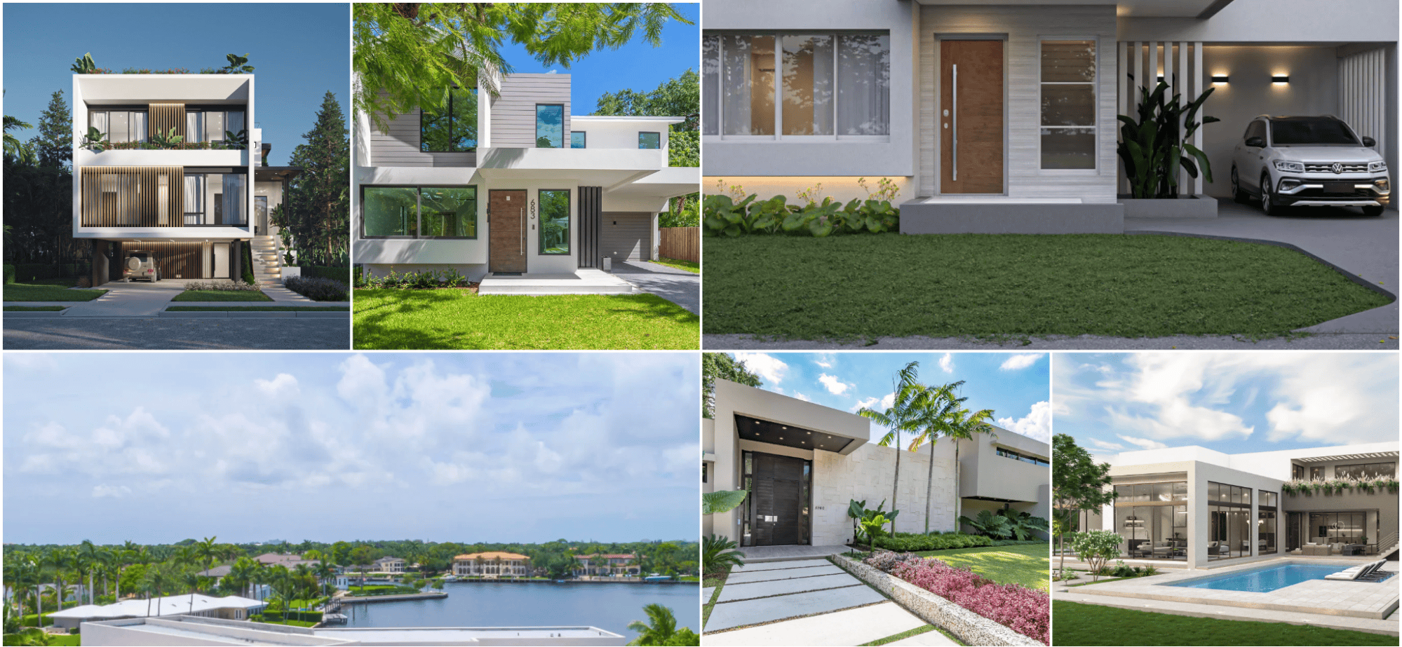 Four modern homes in Miami are arranged in a tableau. Each one exudes modern luxury and hints at a key difference between Real Estate Investing vs. Real Estate Development.