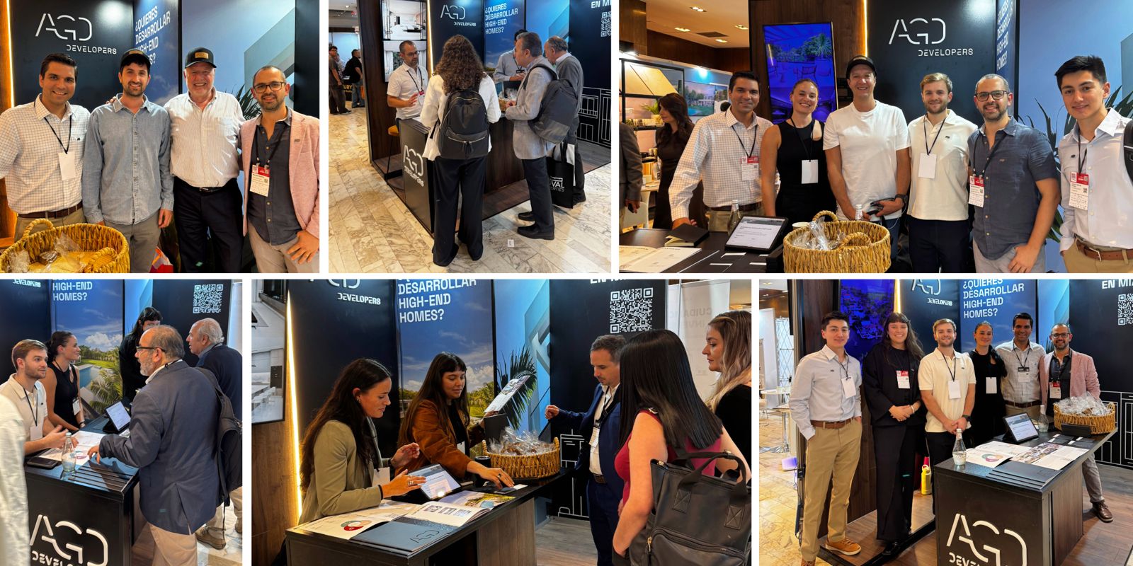 a well lit conference booth branded to AGD is filled with happy employees and guests. They are discussing the difference between Real Estate Investing vs. Real Estate Development.