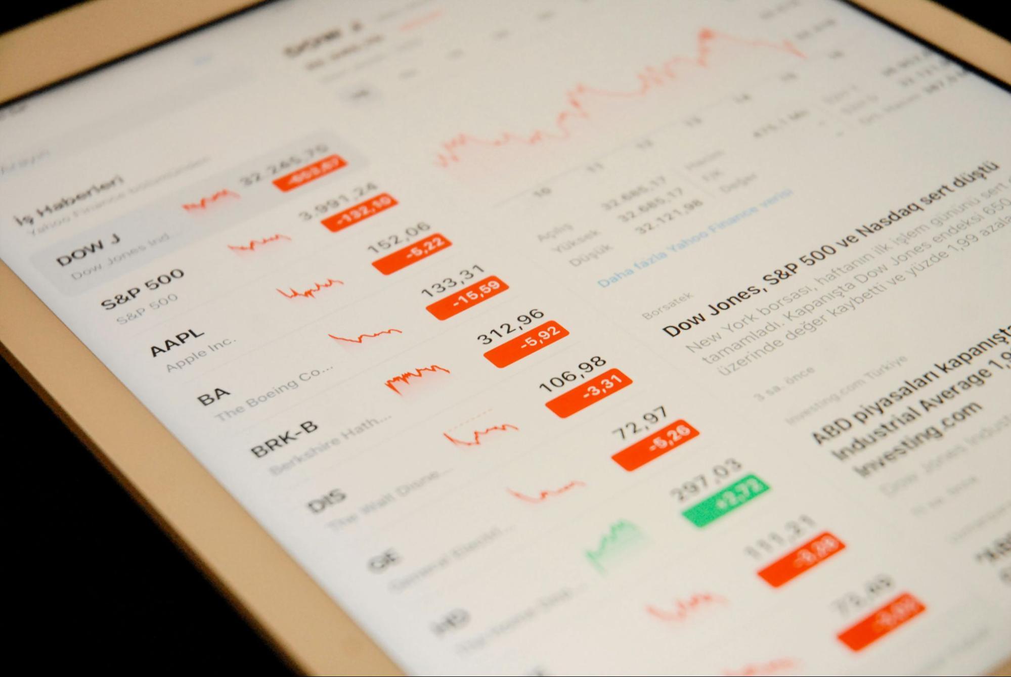 a smart tablet displays various stock symbols and performance graphs. this is a metaphor for how real estate investment trust investments can operate. with the investor having little or no control.