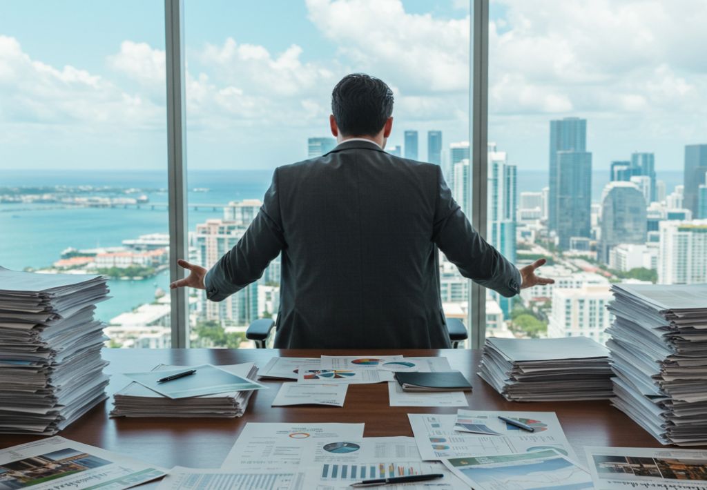 an image of an overwhelemed investor looking out an office window to the Miami skyline. The image also has loads of brochures and data on a desk which illustrate how complex it can be to know how to invest in luxury real estate in Miami